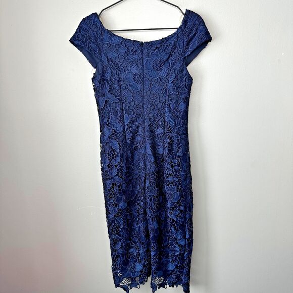 JS Collections Navy Cap Sleeve Lace Midi Dress Womens Size 2 - Picture 6 of 8